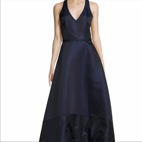 Theia NAVY BLUE high low V-Neck sleeveless evening long Gown - Picture 4 of 13